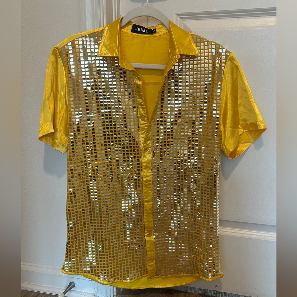 Jogala Gold Metallic Sequin Short-Sleeve Dress Shirt